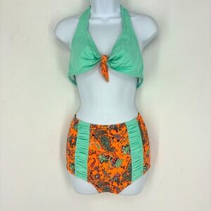 Briza Orange Blue Floral Daisy Duke Bikini Set Swim Summer Medium